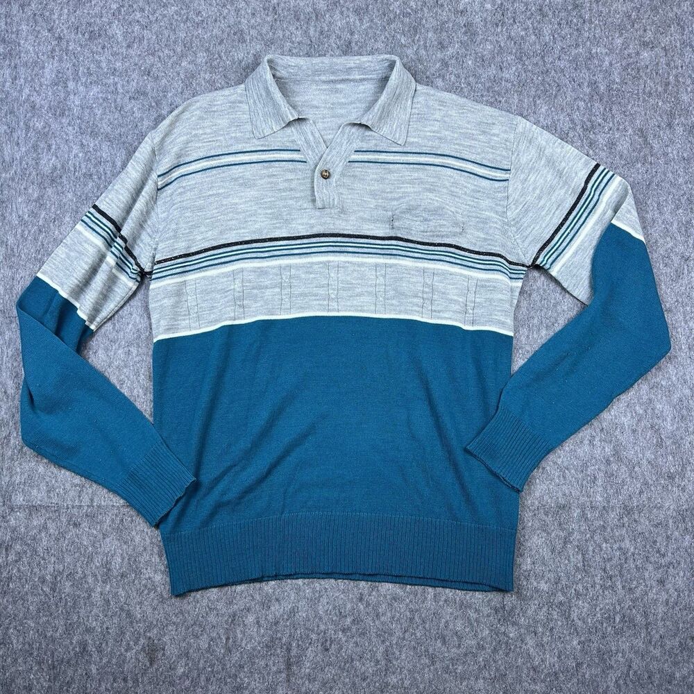 Vintage Sears Men’s Polo Sweater Gray Teal Long Sleeve Acrylic 70s Size Large